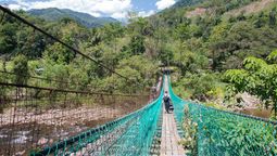 Hanging bridge leading to Kiulu Farmstay, where communities directly benefit from tourism revenue.
