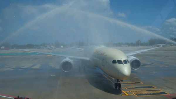 Celebratory sprays of water welcomed an Etihad airplane landing in Phuket on 1 July.