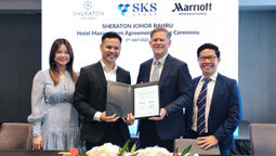 SKS Group’s Cindi Sim and Simon Sim; and Marriott’s Shawn Hill and Andree Susilo at the hotel management agreement signing ceremony.