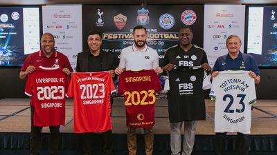 Club legends for participating European football clubs announce the Singapore Festival of Football: (from left) Liverpool's John Barnes, Bayern Munich's Giovane Elber, AS Roma's Marco Cassetti, Leicester City's Emile Heskey and Tottenham Hotspur's Gary Mabbutt.